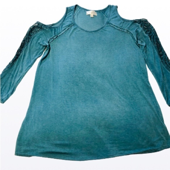 Harper Zoe Plus 1X Teal Green Cold Shoulder Long Sleeve Lace Insert - Picture 3 of 12